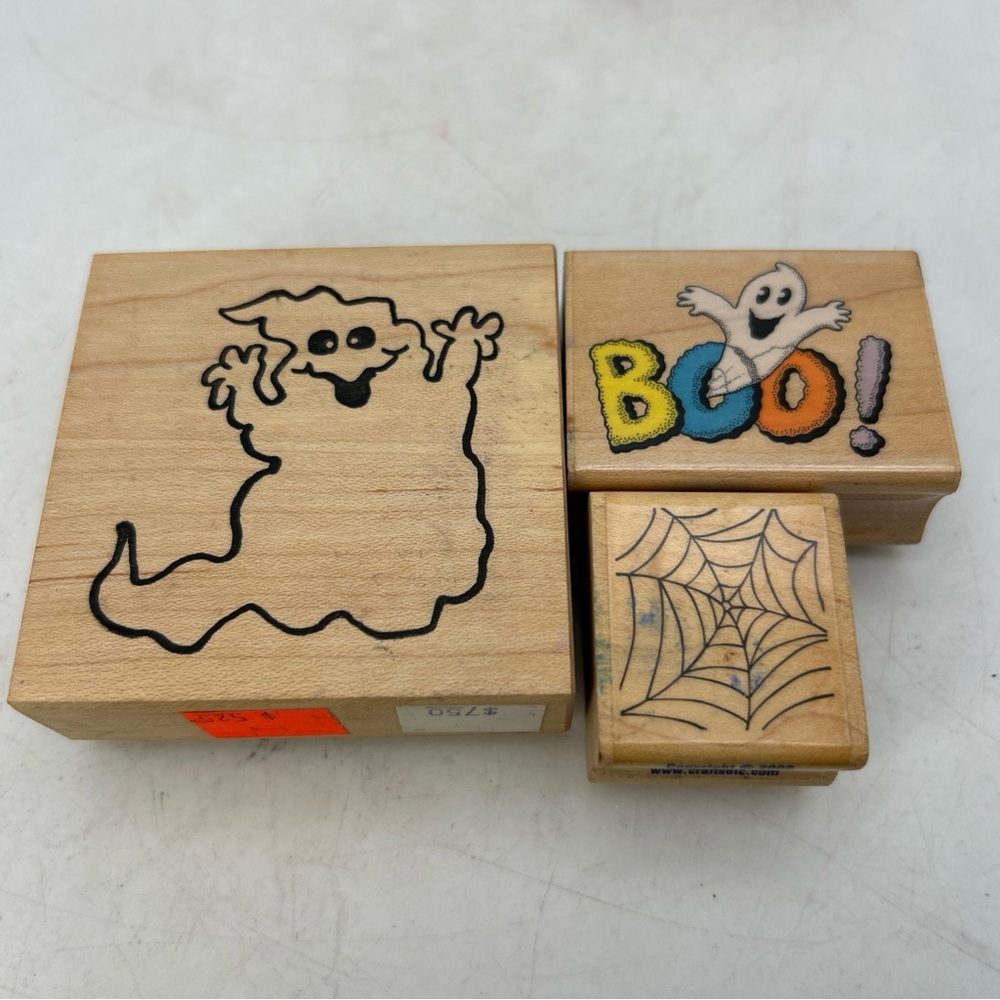 Lot Of 3 Vtg Wooden Rubber Mounted Stamps Halloween Ghost,BOO & Spider Web Craft